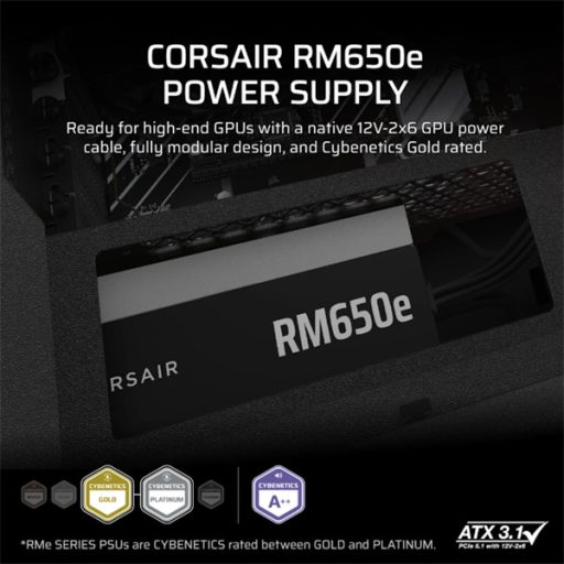 CORSAIR Tápegység Moduláris, RM650e, 650W, 12cm, ATX 3.1, PCIe 5.1, BOX, Cybenetics Gold
