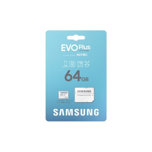 SAMSUNG Memóriakártya, EVO Plus microSDXC kártya, 64GB, UHS-I, U1, V10, A1, + SD Adapter, R160/W