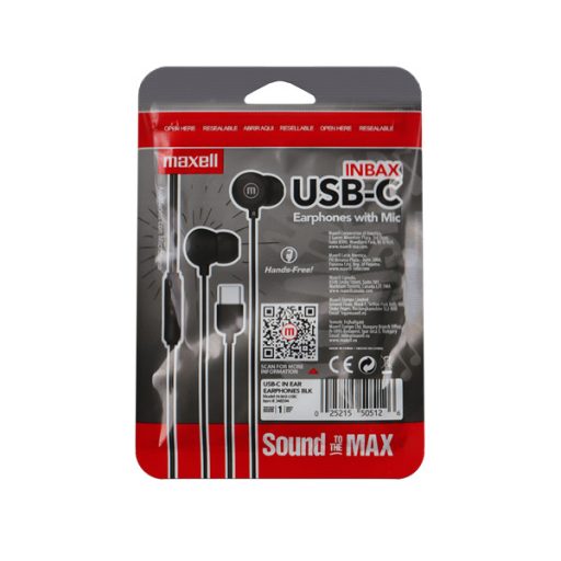 MAXELL Fülhallgató, IN-BAX, fekete, USB-C