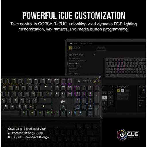 CORSAIR Vezetékes Billentyűzet Gaming, K70 CORE RGB, Mechanikus, MLX Red switch, 104 gombos, US, fekete