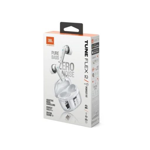 JBL TUNE FLEX 2 GHOST EDITION Bluetooth fülhallgató, tölthető 2 óra, IP45, adaptív zajcsökkentés,  térhatás, fehér